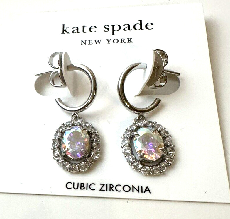 Kate Spade New York Silver-Tone Victoria Oval Clear CZ Halo Drop Earrings NWT