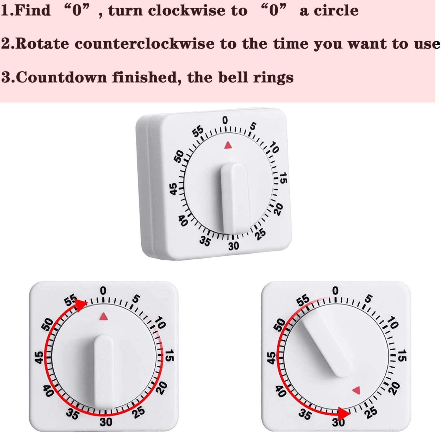 1/2x Square 60 Minute Mechanical Kitchen Cooking Timer Clock for Home & Study