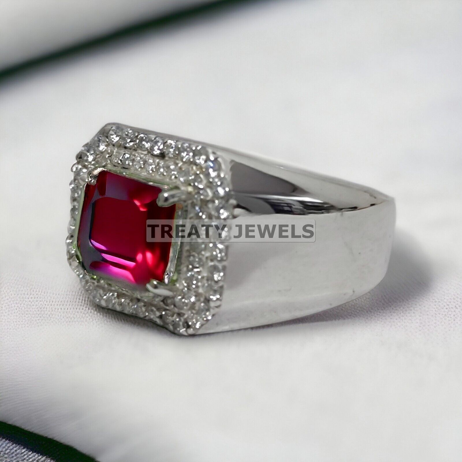Ruby Emerald Cut Gemstone With 14K Solid White Gold Ring For Men's #999