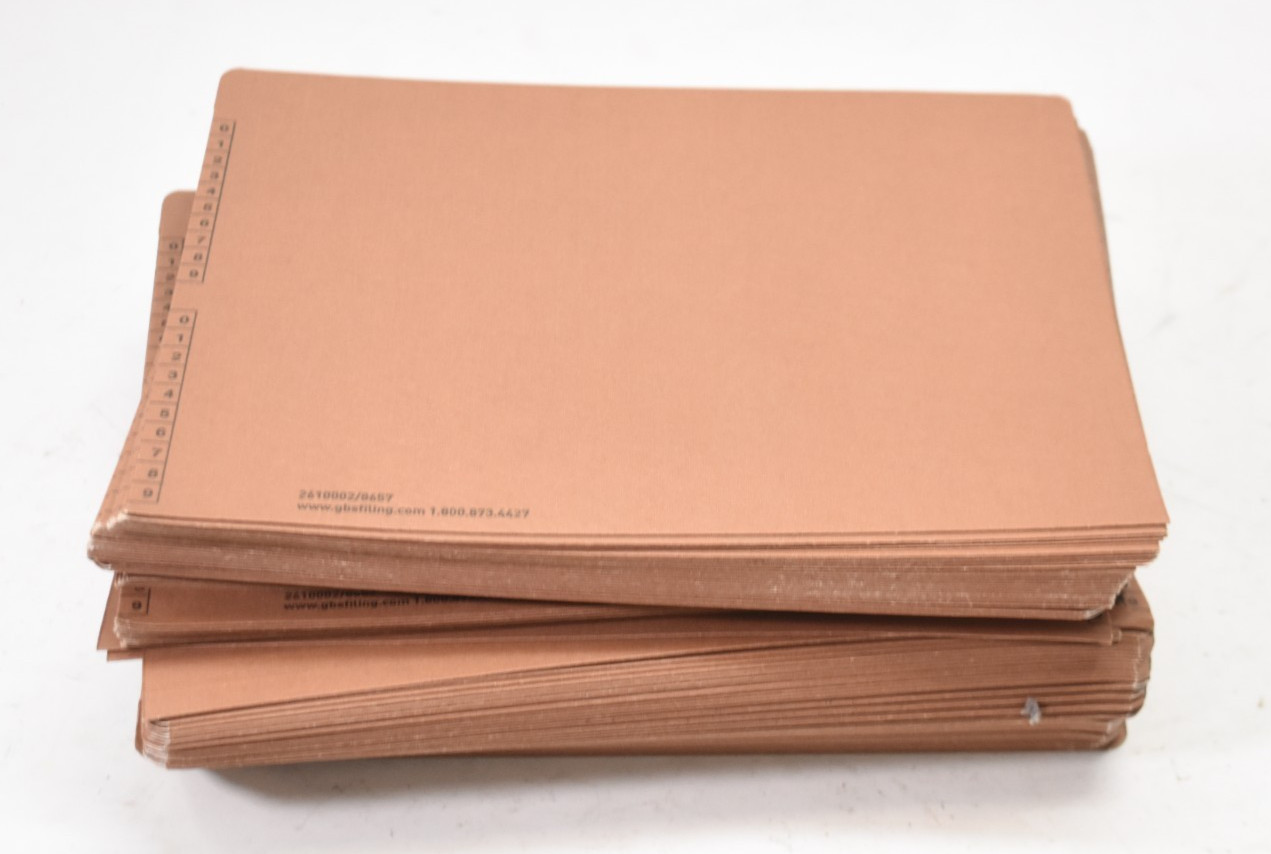 Lot of 100 GBS Filing File Folders Brown 0-9 Labeling 12" x 9-1/2" Jackets