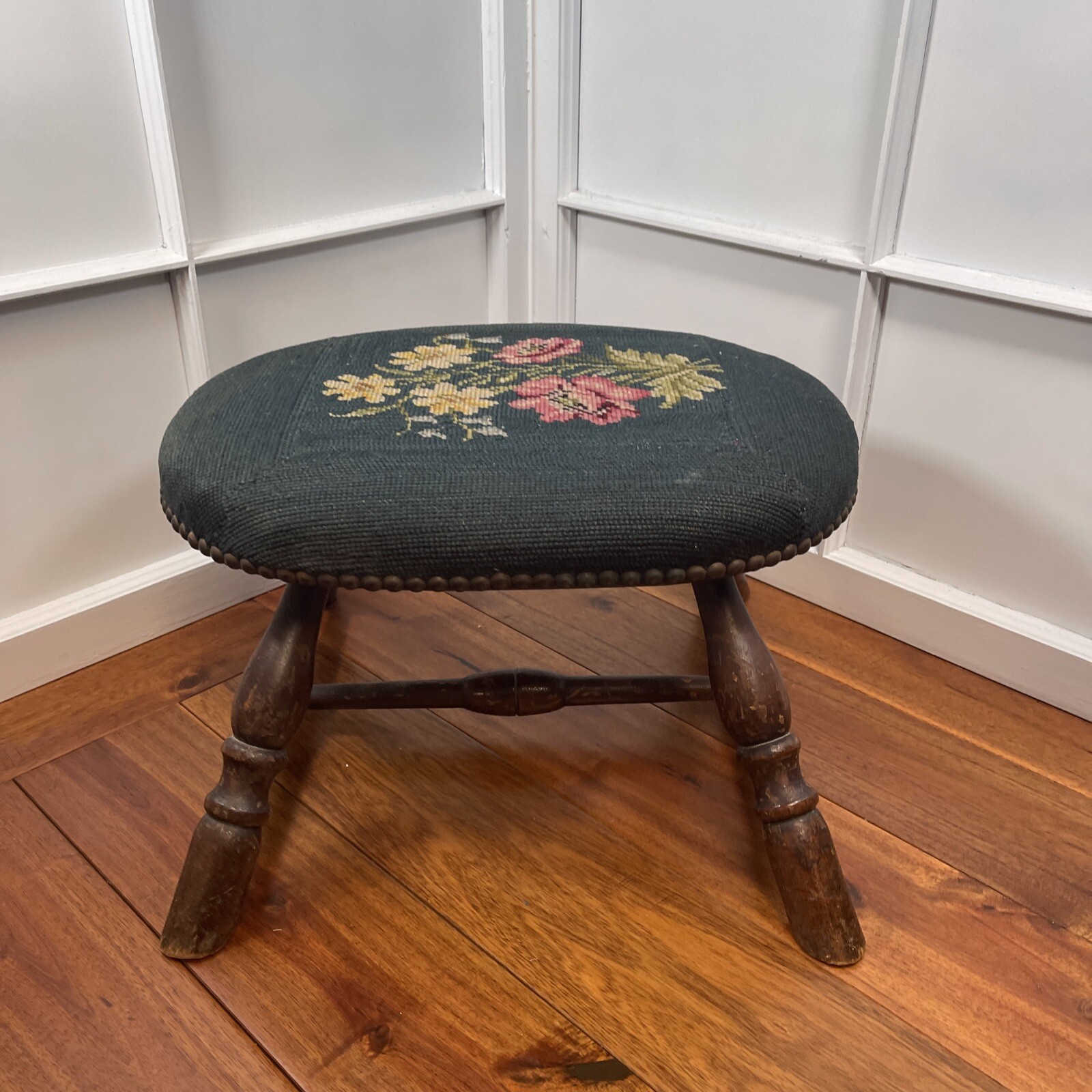 Antique Victorian Wood Footstool Needlepoint Floral Tall Turned Legs