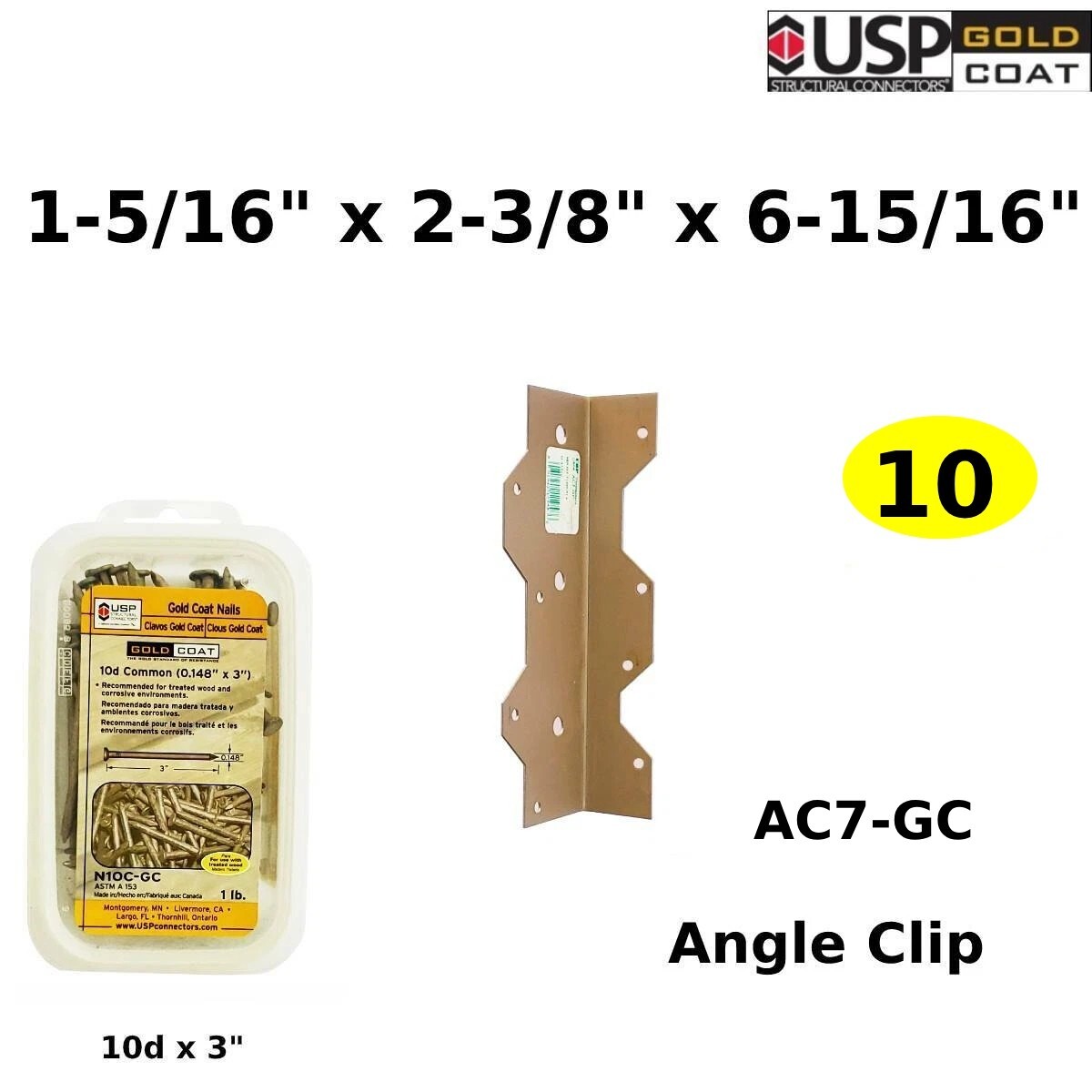 Angle Clip AC7-GC 1-5/16" X 6-15/16" USP Gold Coat - 10 pack