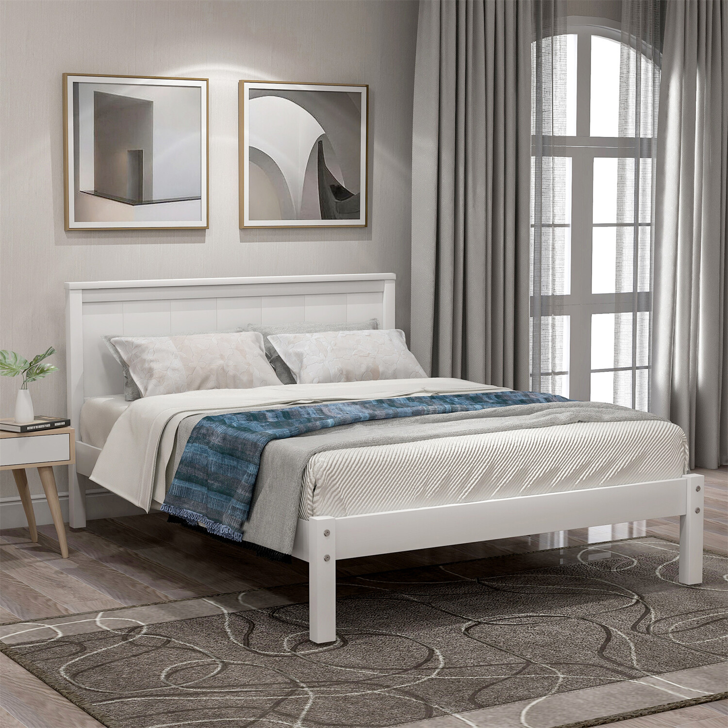 Twin Size Bed Frame Wood Platform Bed Frame with Wood Headboard White/Espresso