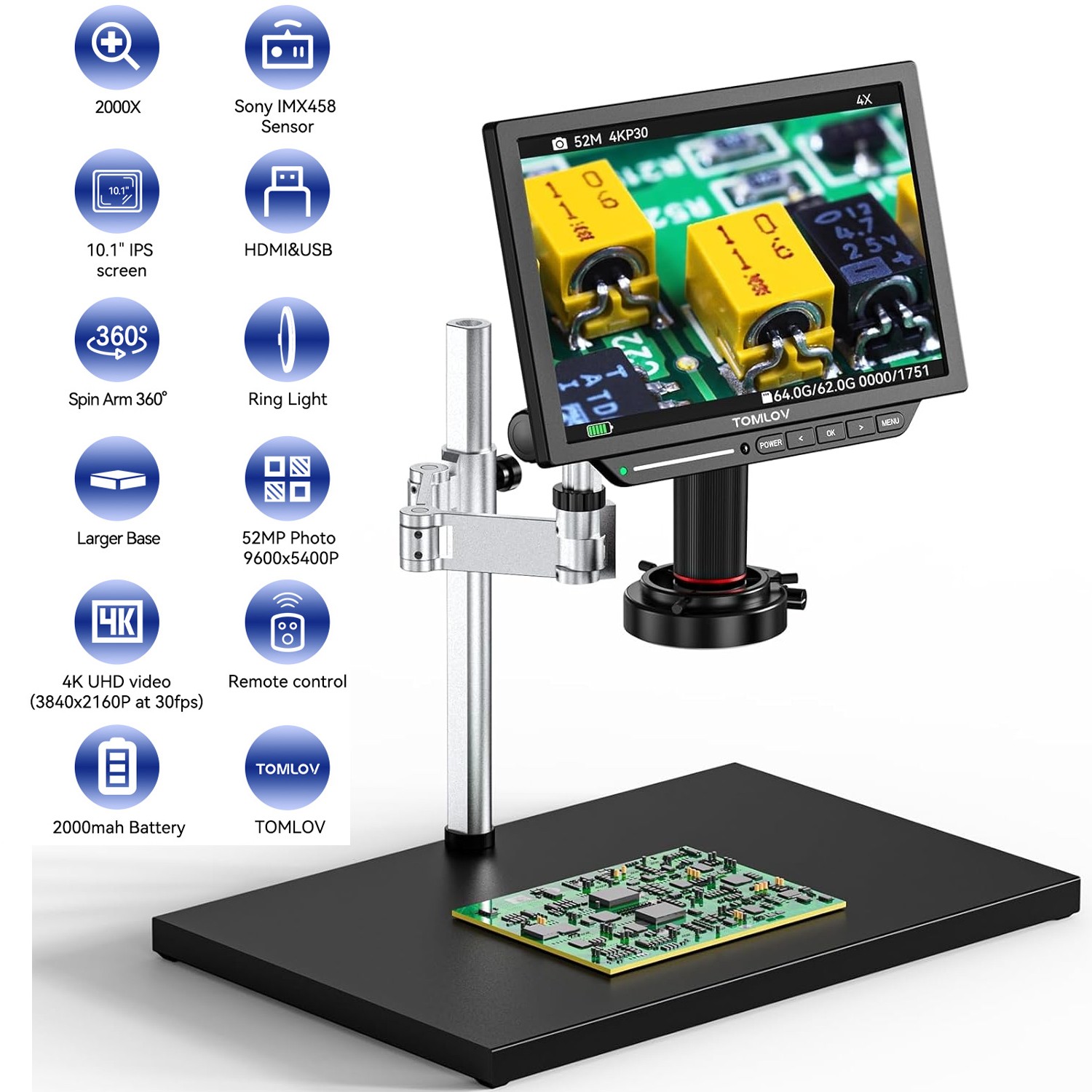 TOMLOV 4K Digital Microscope 2000x Soldering Microscope for Electronics Spin Arm