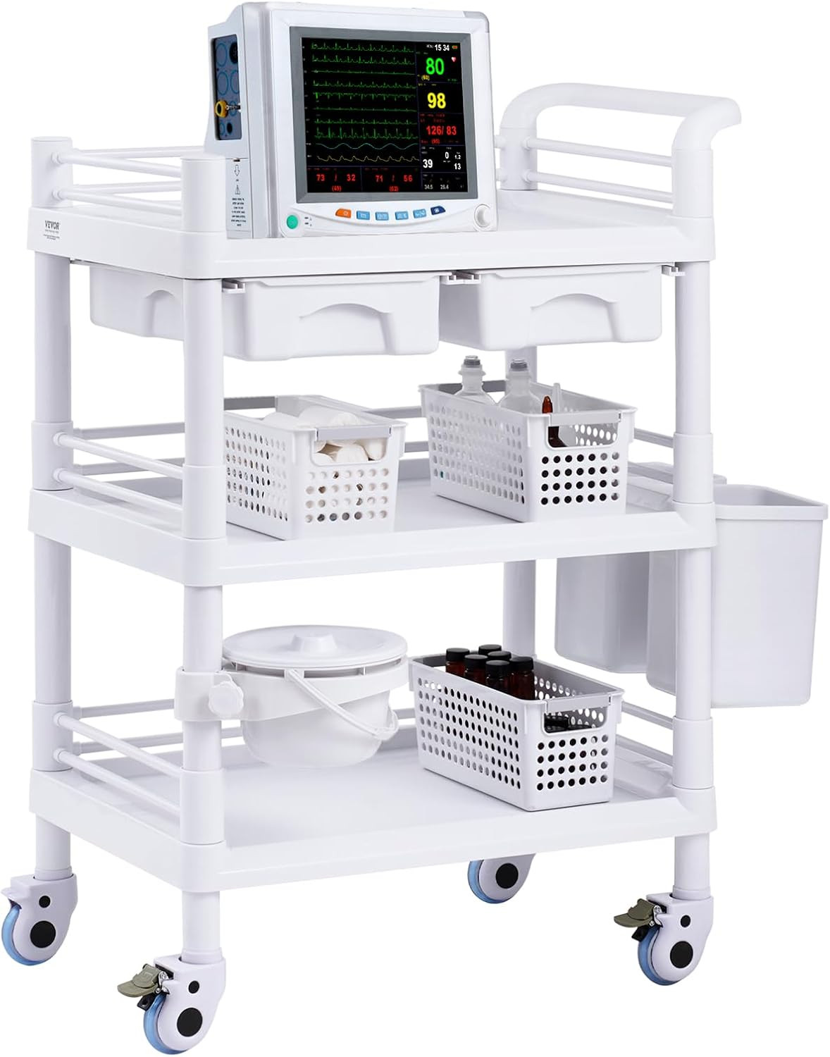 Medical Mobile Trolley Cart with 2 Drawers & 3 Trash Cans, 3 Tiers Beauty Salon