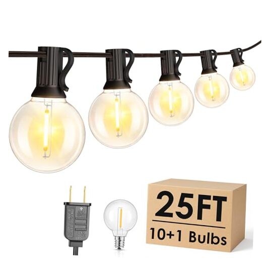 25FT G40 LED Outdoor String Lights, Plug-in Waterproof Patio Lights 1 Black