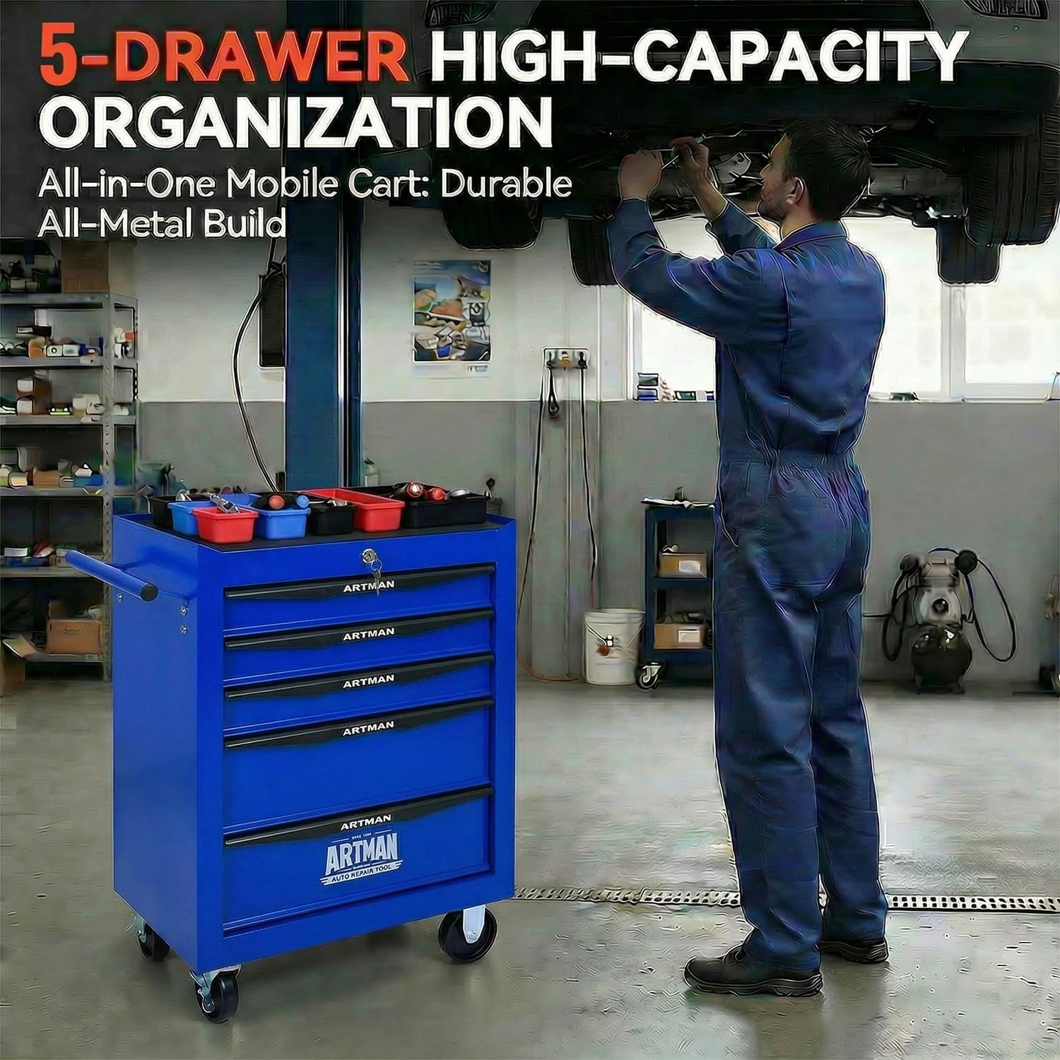 4/5/6/7-Drawer Rolling Tool Chest Storage Cabinet with Lockable Wheels(Blue)