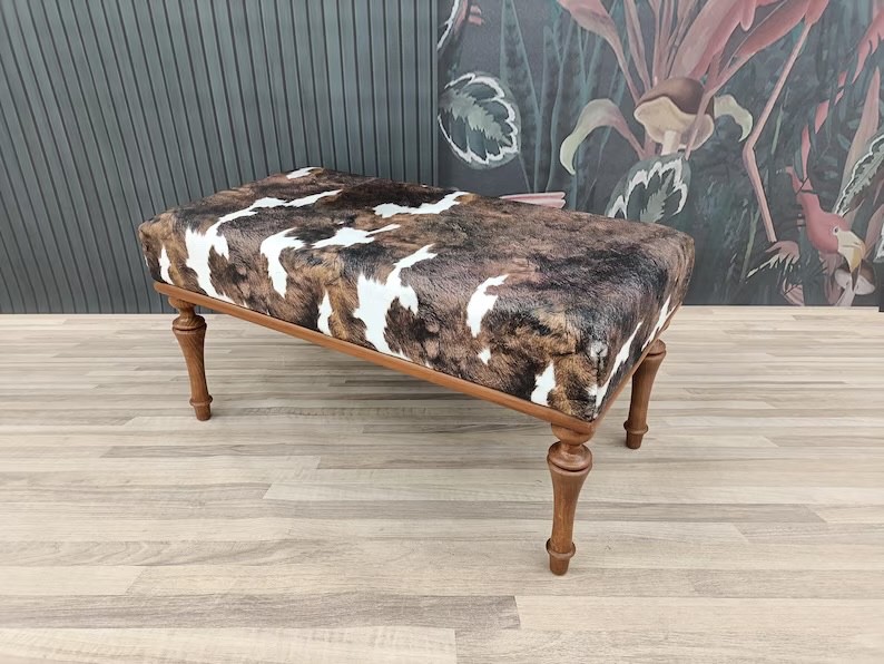 Cowhide Pattern Upholstered Bench – 48” Wide with Classic Wood Legs