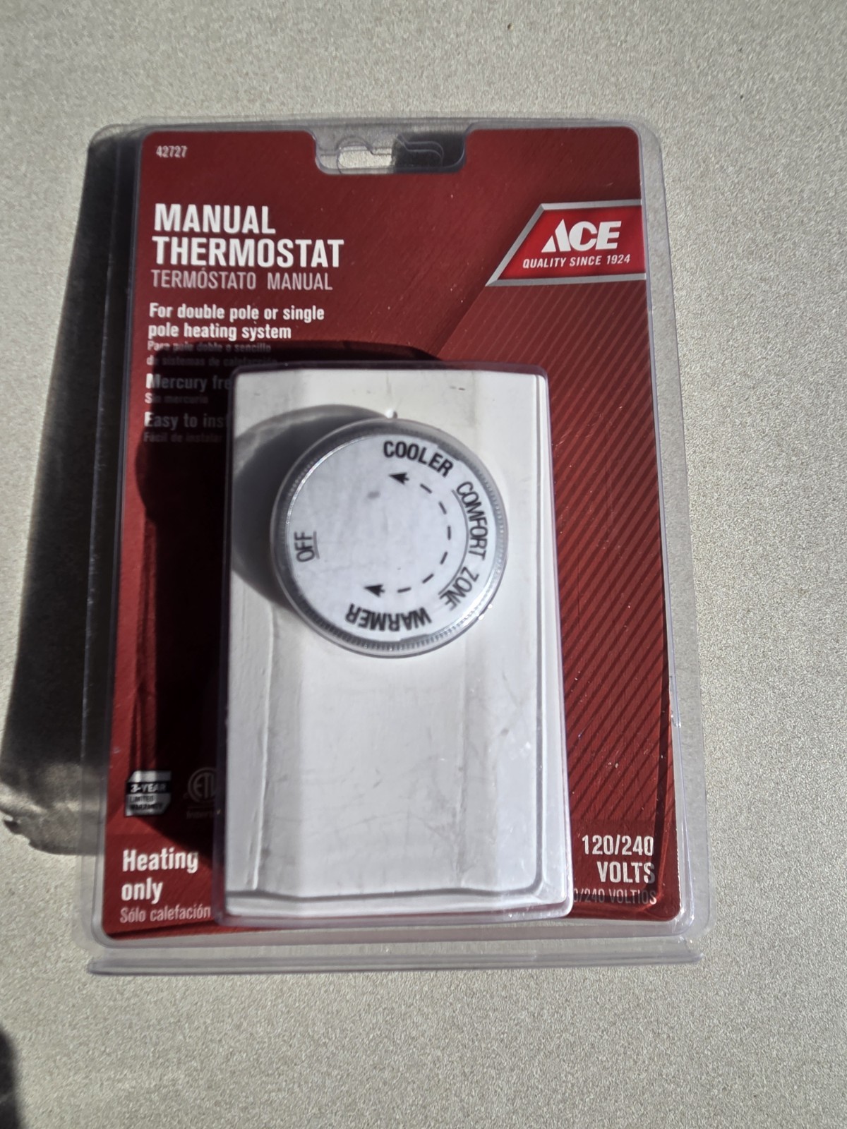 ACE 42727 MANUAL THERMOSTAT (HEATING ONLY) FOR DOUBLE OR SINGLE POLE 120/240V