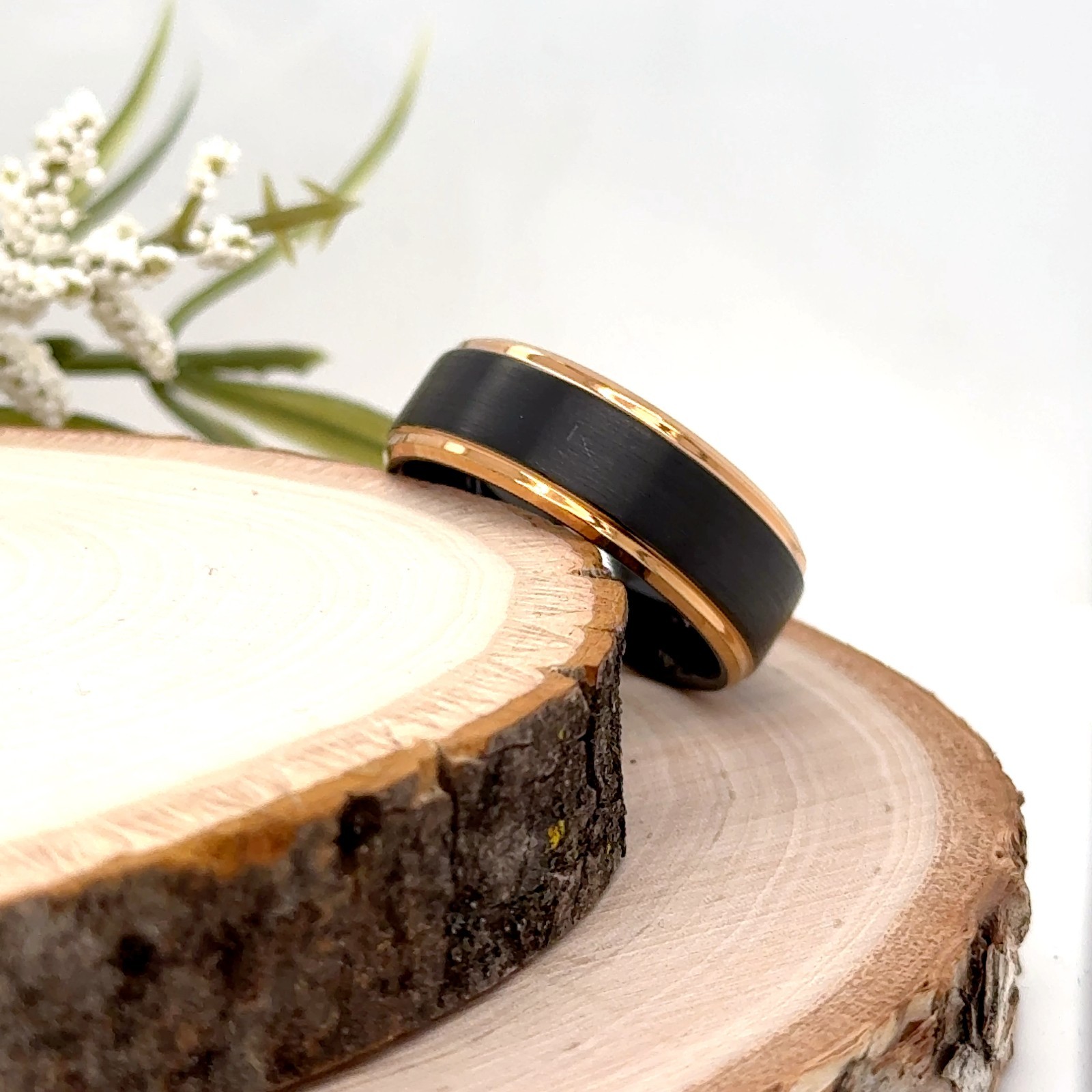 8mm Black & Rose Gold Tungsten Christmas Gif Ring Brushed Polished Engraved Band