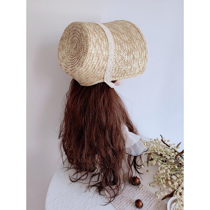 Frenchstyle Laceup Hat Bonnet Sun Straw Teens Girl Vintage Headwear