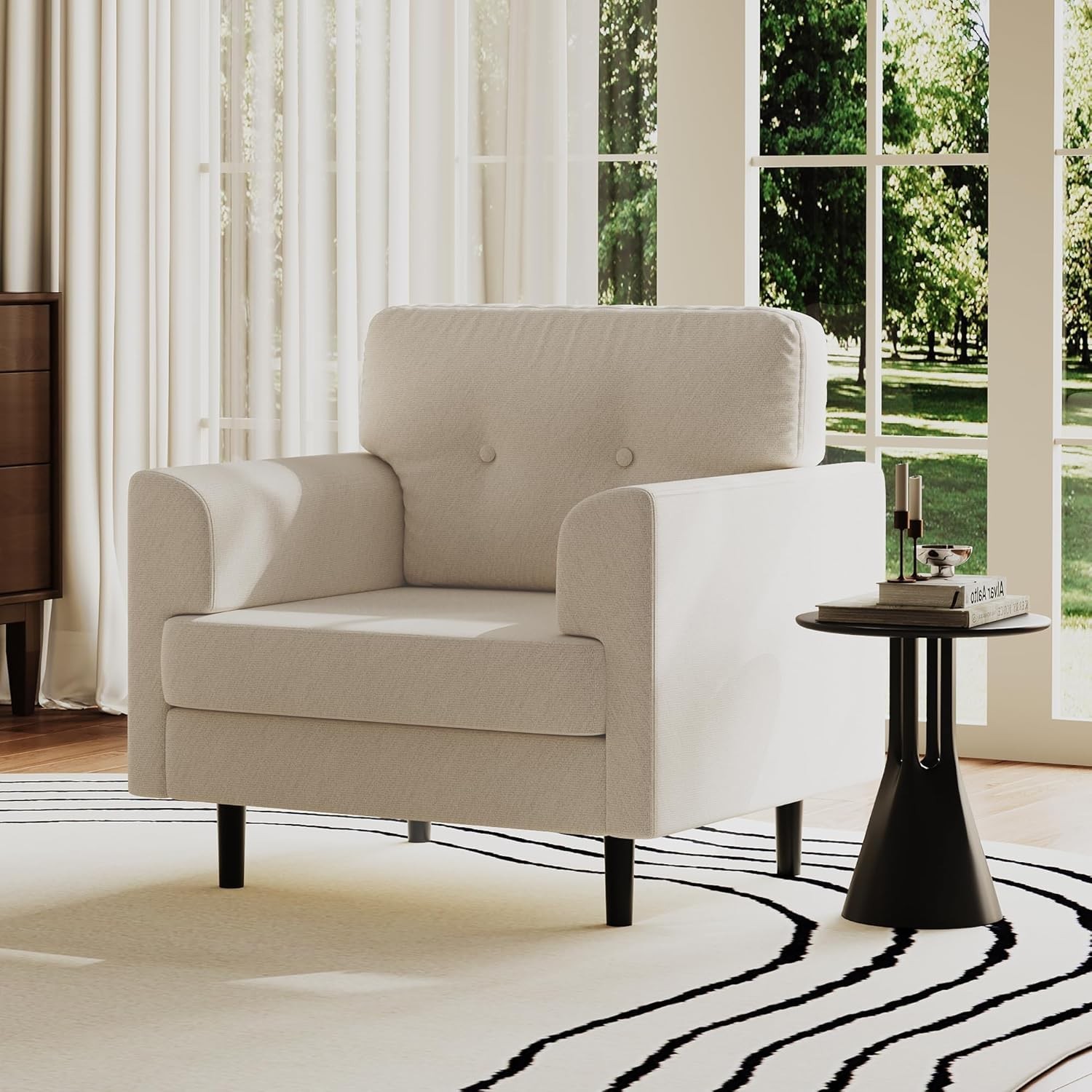 38" Armrest Accent Chair, Linen Upholstered Reading Chair with High-Density Foam