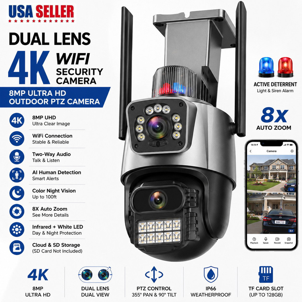 Dual Lens 4K WiFi Security Camera 8X Zoom Outdoor Home Night Vision CCTV PTZ US