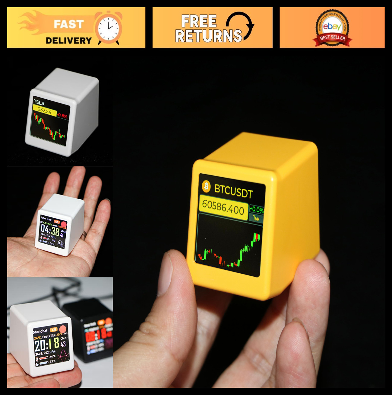 Digital Bitcoin Stock Ticker Monitor - Wi-Fi Clock, Weather, Humidity, Photo Sli
