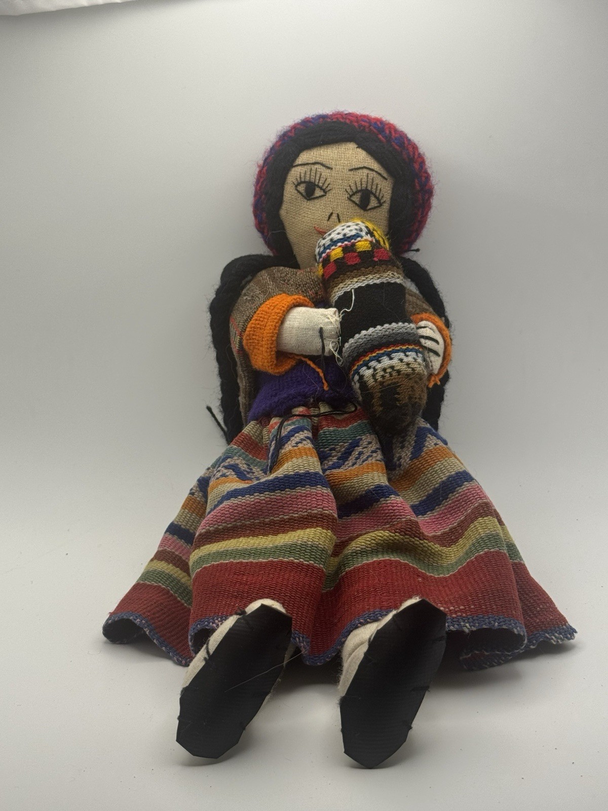 Handmade Peruvian Folk Art Cloth Doll Carrying Baby Andean Artisan Textile