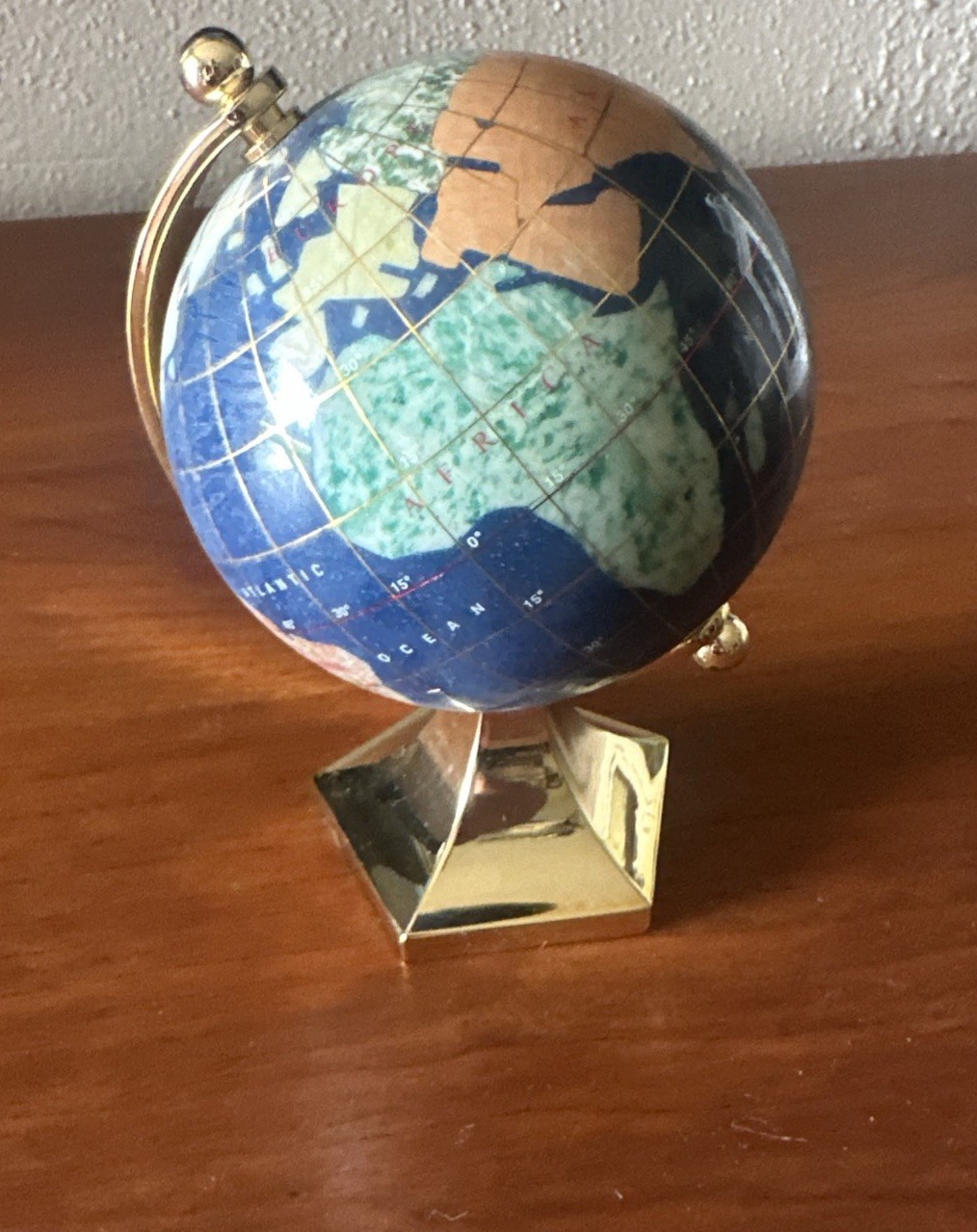 GLOBE Blue Lapis Semi Precious Inlaid Gemstones & Brass Stand Desktop 5.5 Inch.