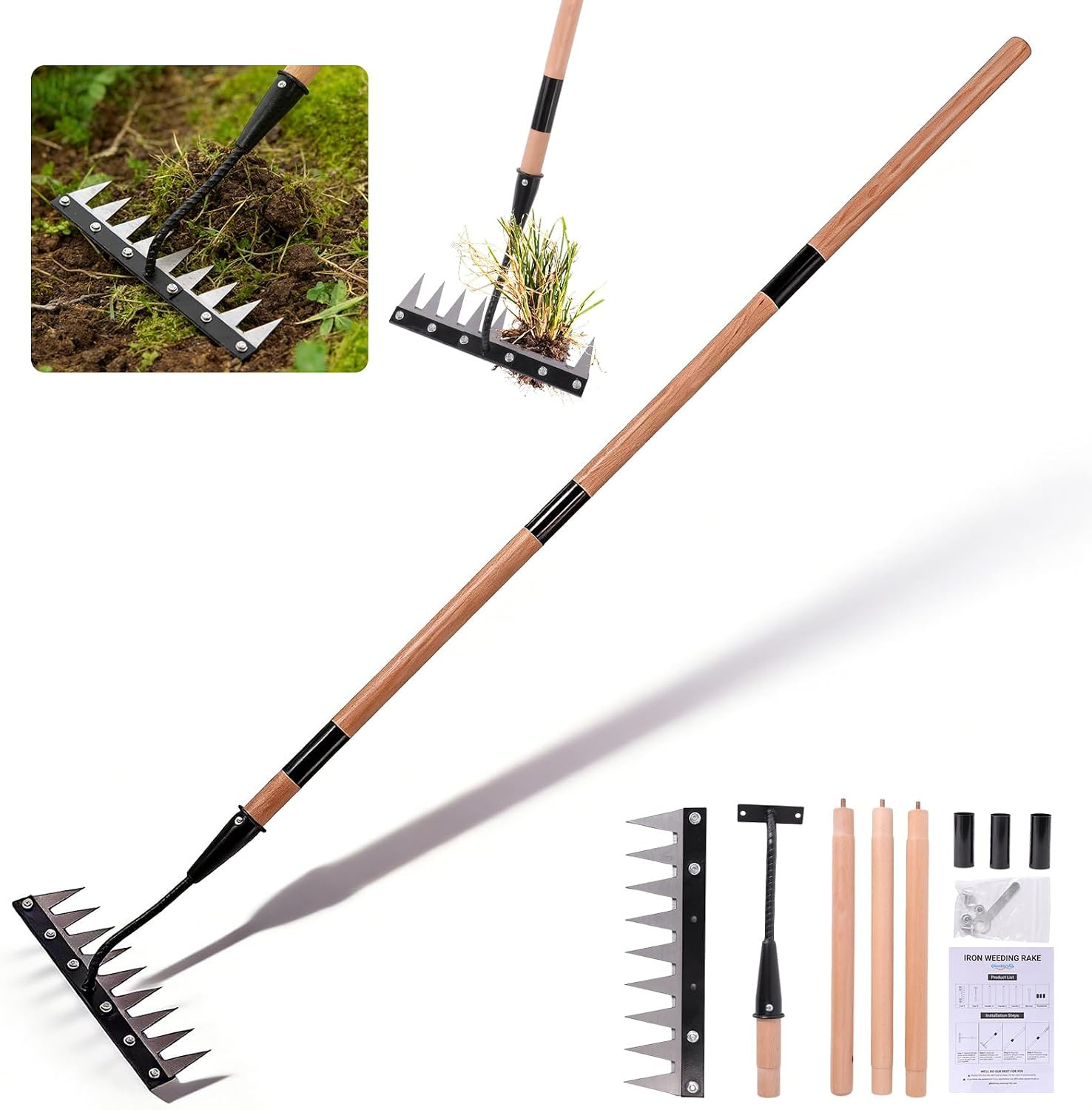 Gardenia Iron Weeding Rake with Handle 3.0, Heavy Duty Iron Rake for Gardening a