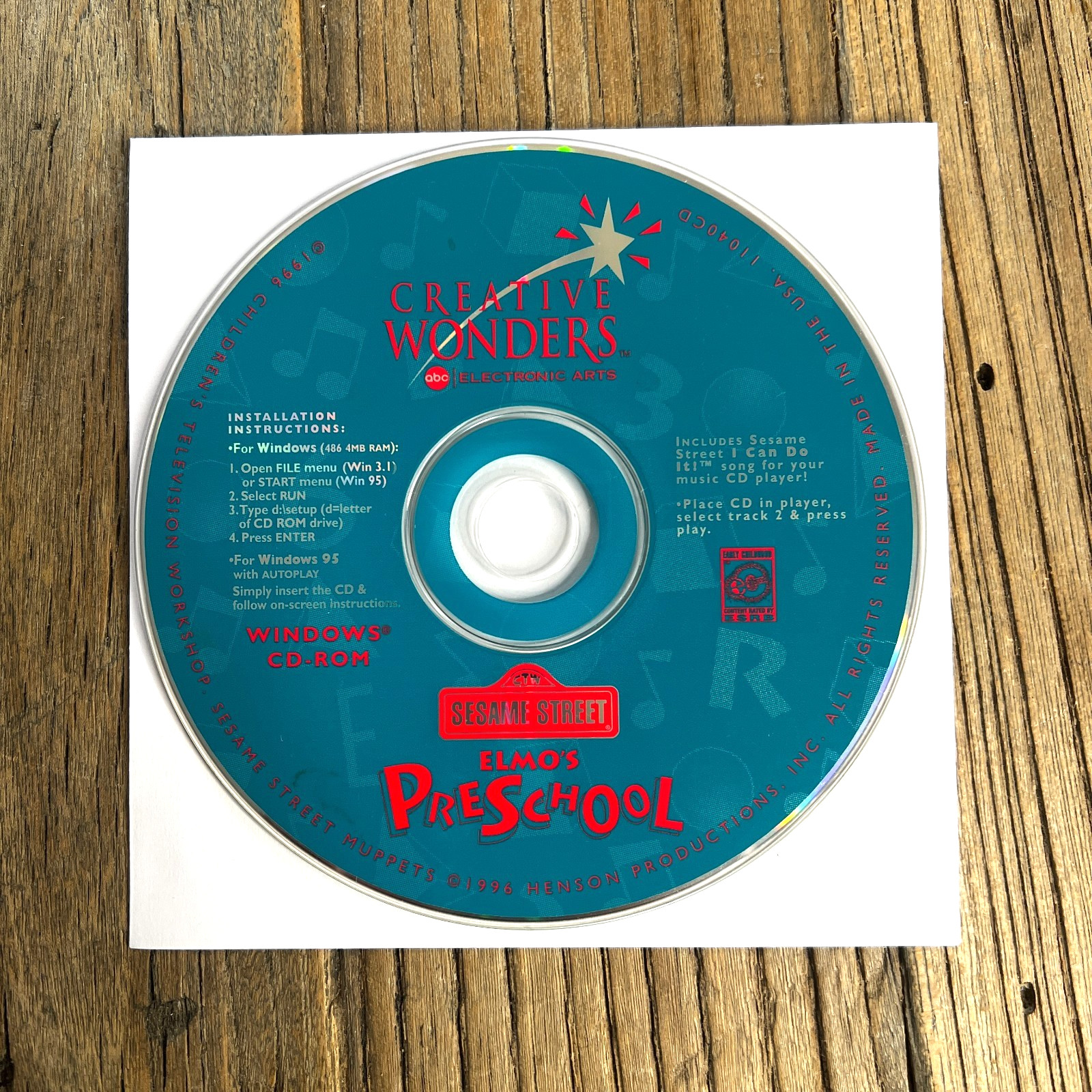 Sesame Street Elmo's Preschool 1996 PC CD-ROM Creative Wonders Disc Only Vintage