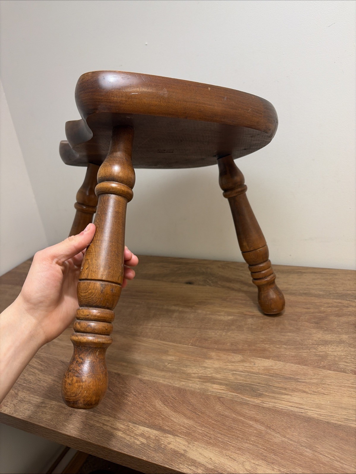 Vintage 3 Leg Maple Milking Stool #R82A Solid Wood Butt Or Saddle Seat Stool
