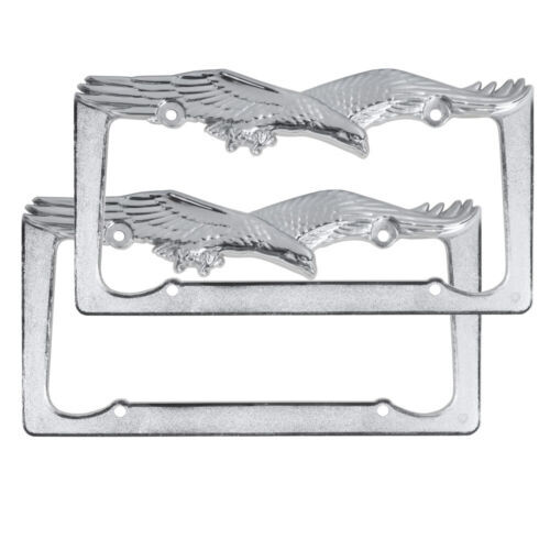 2 Pcs Eagle License Plate Holder Silver Chrome Metal Frame Weather Resistant