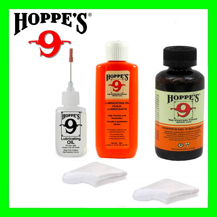 Hoppe's No. 9 Bore Solvent 902, Needle Oiler 3060, Gun Oil 1003, Patches 1204