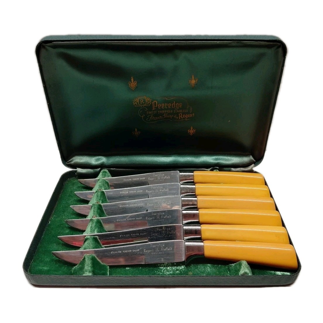 Sheffield Peeredge Knives Forever Sharp Regent 6 Bakelite Stainless Steak Case