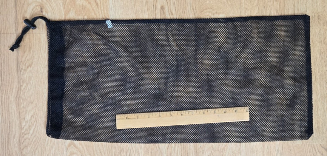 mesh bag, black, flat: 24" tall x ll" wide; drawstring/toggle closure 1 or more