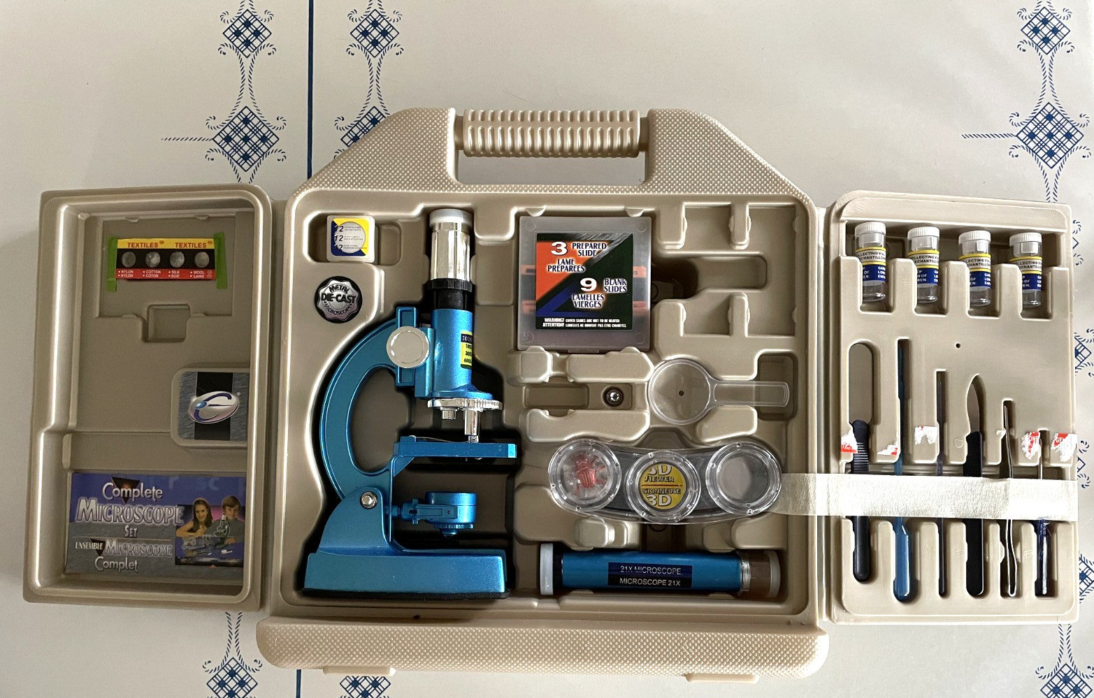 Micro-Science Complete Microscope Set Kids Science Kit Fibers Tools Handled Case