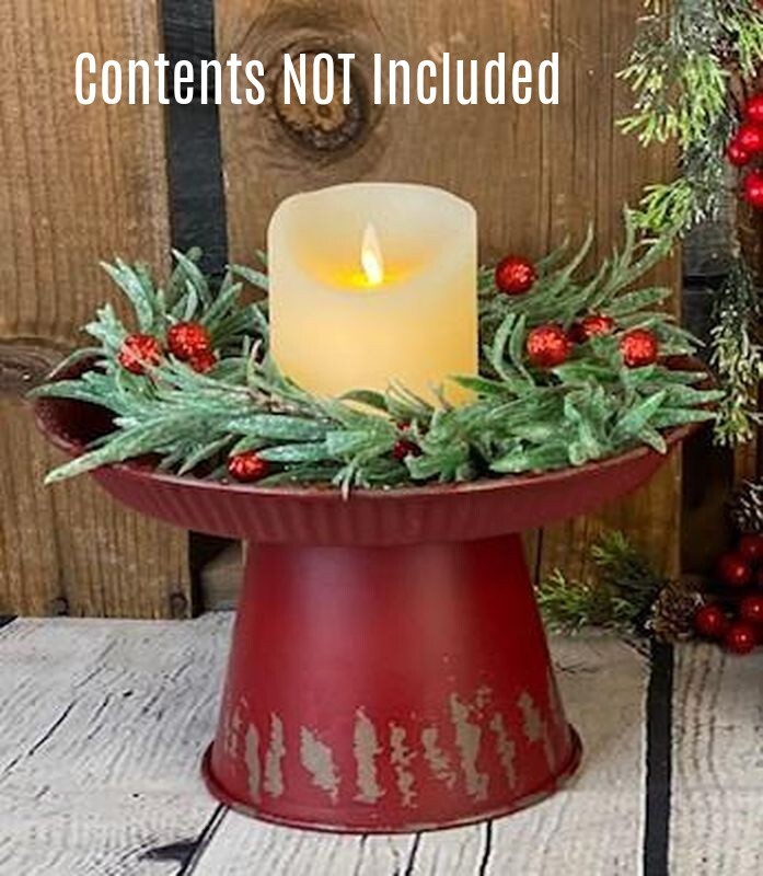 New Primitive Farmhouse AGED RED METAL CANDLE HOLDER TRAY PEDESTAL Pillar Stand