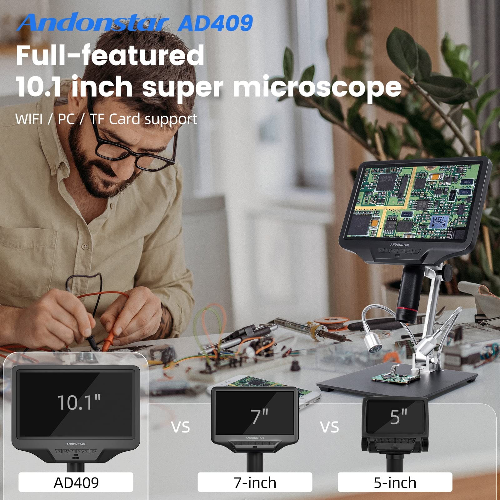 AD409 HDMI Digital Microscope, 10.1 inch LCD Screen Soldering Microscope, 300...
