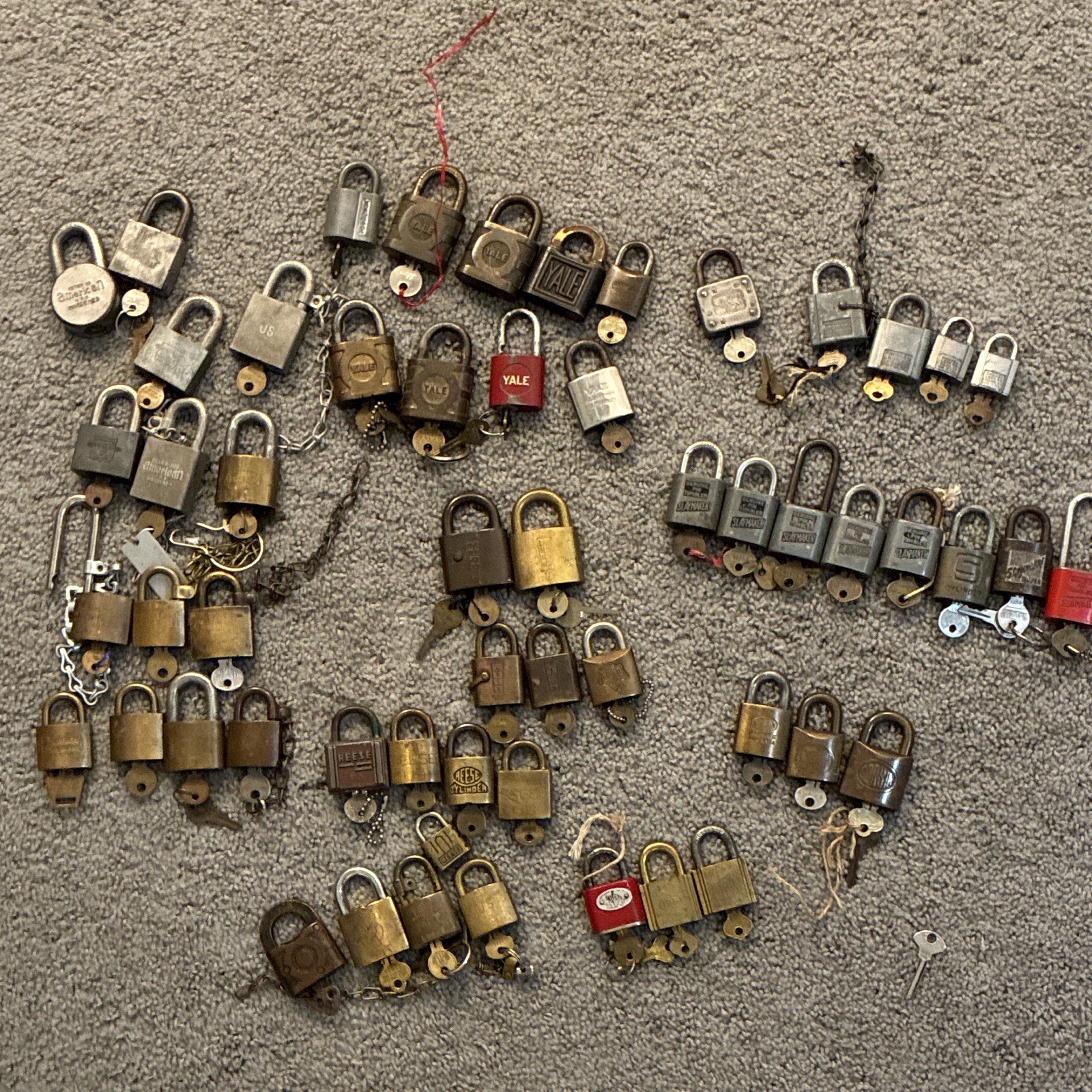 56x Antique / Vintage working Keys Padlocks Lot w/ Keys, Brass/Steel Hardened