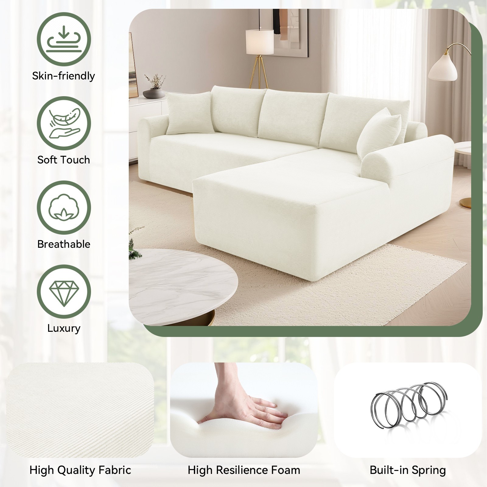 5-in-1 Modular Sectional Sofa with L-Shaped Chaise Comfy Corduroy Boneless Couch