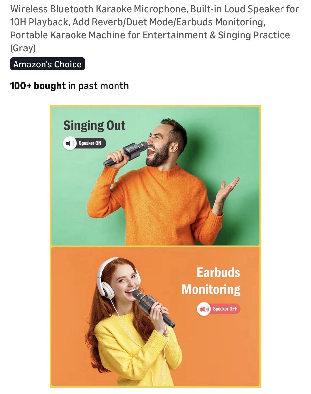 Wireless Bluetooth Karaoke Microphone 10H Playback Gray