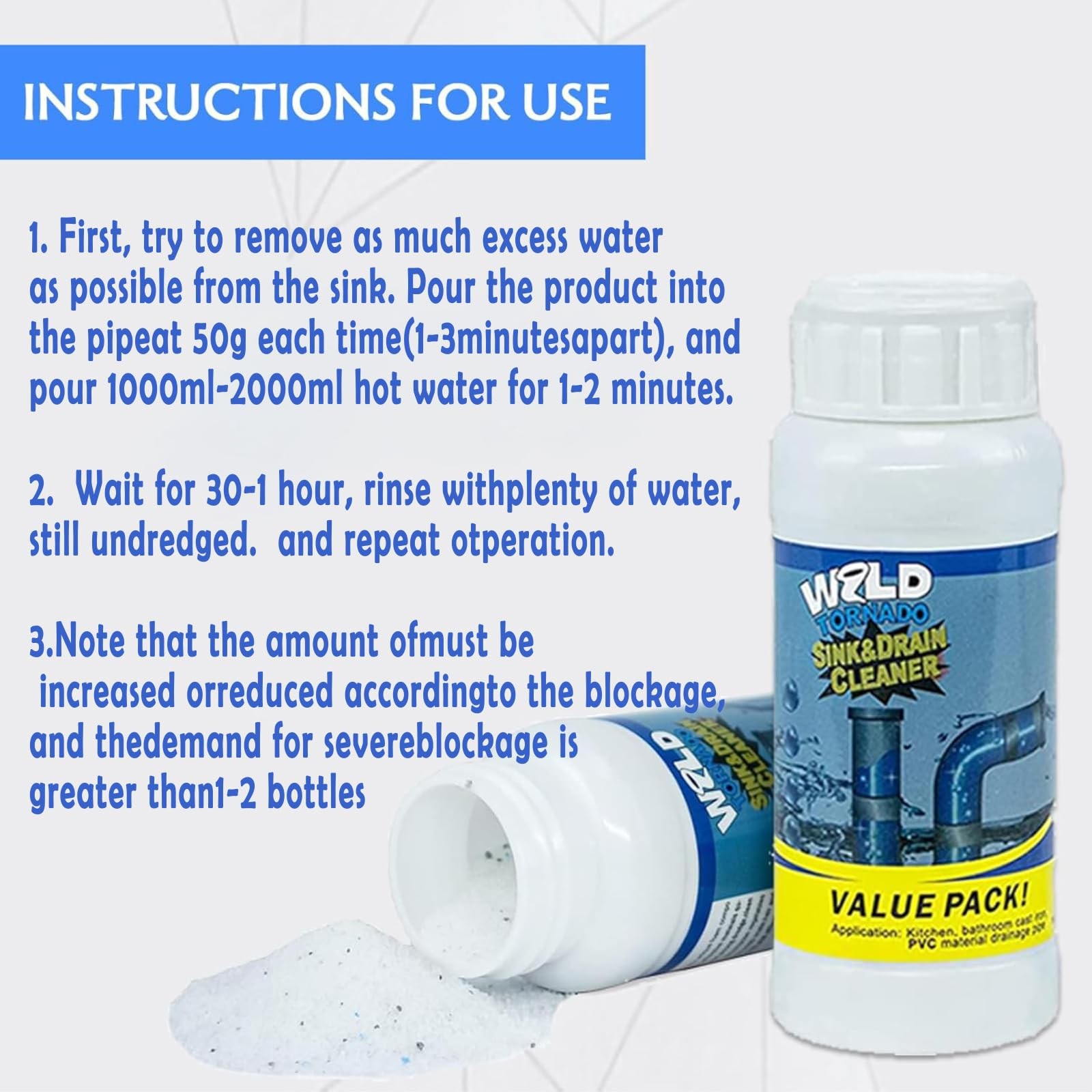 Wild Tornado Powerful Sink & Drain Cleaner Powder - Quick Foaming Super...