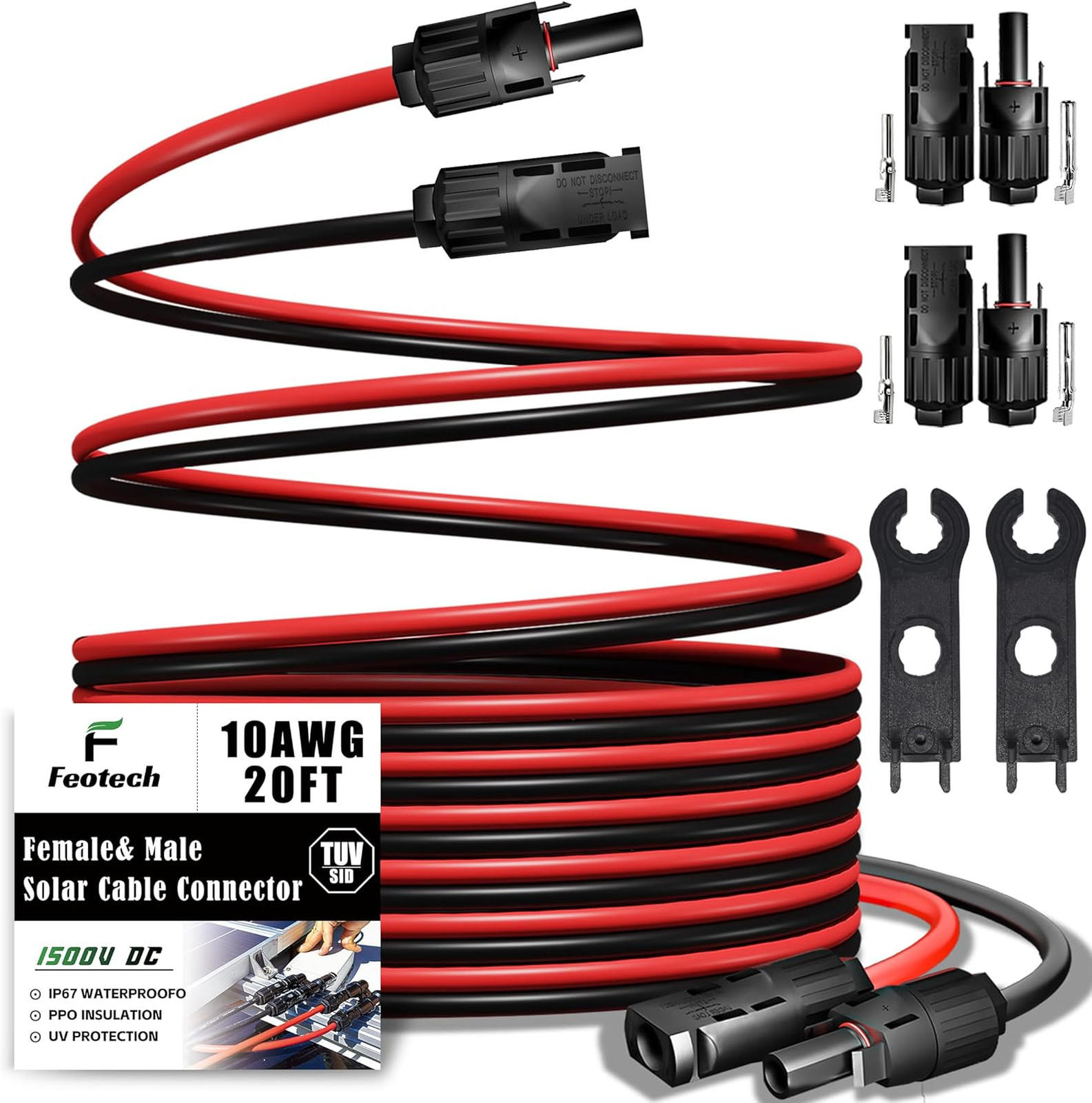 Twin 20Ft Solar Extension Cable 10AWG 6mm2 IP67 Male Female Connectors for RV