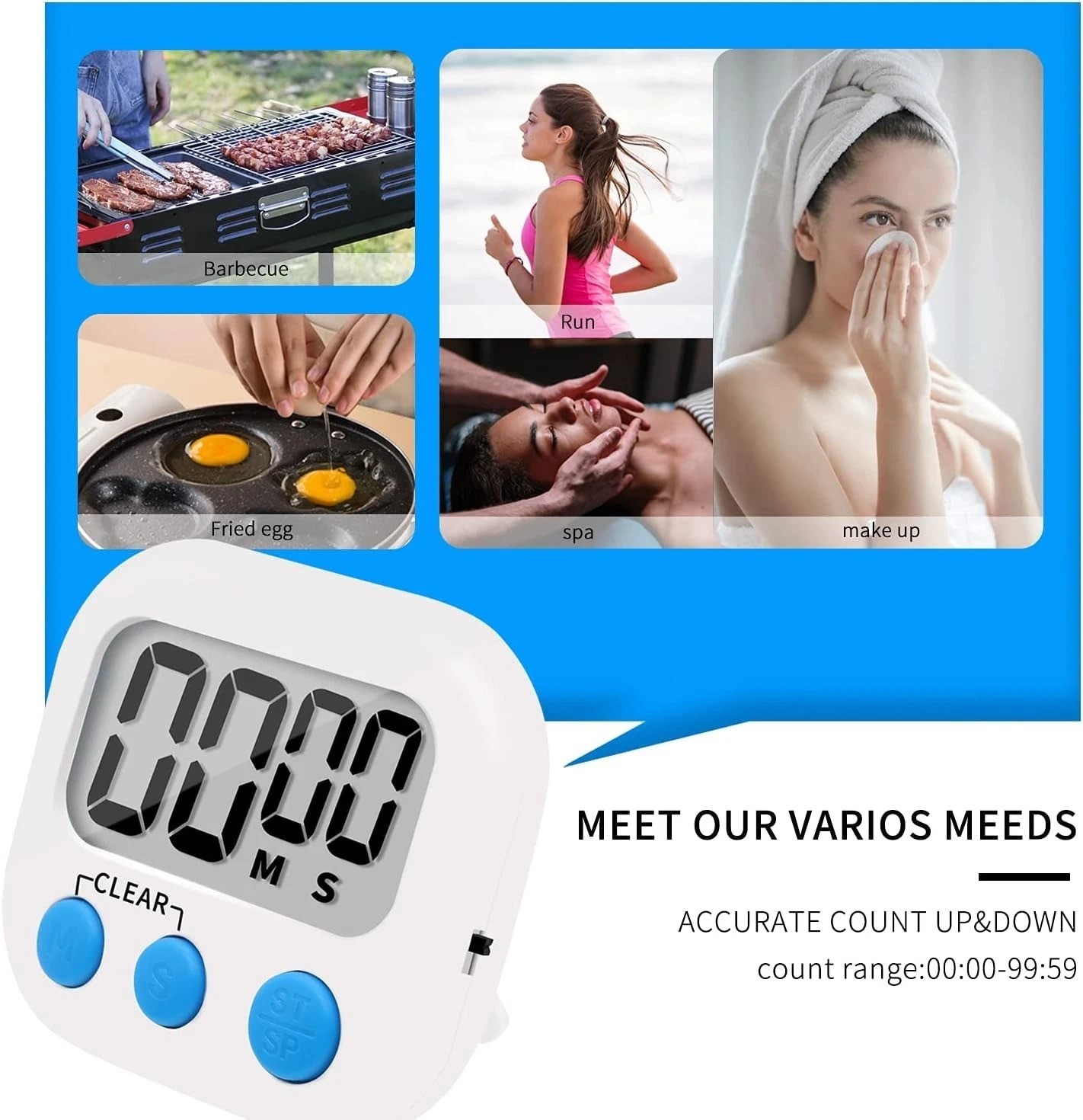 Compact 6 Pack Kitchen Timer Set - Magnetic Back, Large Display, ON/OFF Switch