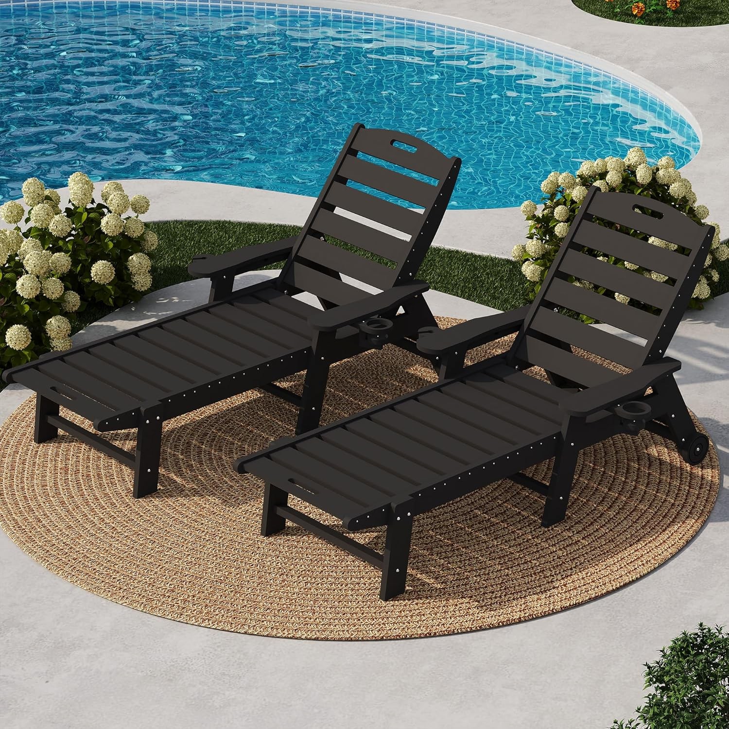 HDPE Outdoor Chaise Lounge, 5-Position Adjustable W/ Rolling Wheels & Cup Holder