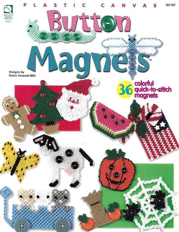 NEW PLASTIC CANVAS BUTTON MAGNETS 36 COLORFUL QUICK TO STITCH MAGNETS