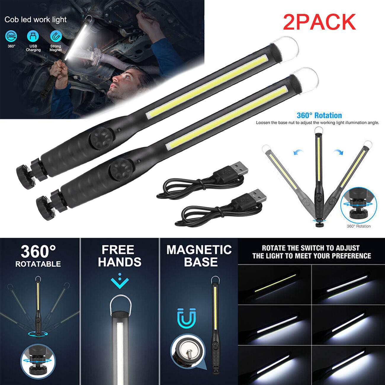 2PCS Ultra Thin COB LED Work Light Mechanic Flashlight Magnetic Base+USB Cable