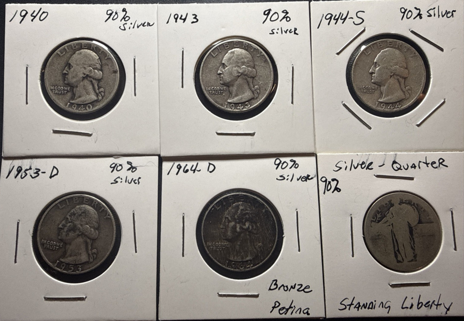 5 Washington 90% Silver Quarters 1940, 1943, 1944S, 1953D, 1964D+1 Standing Lib