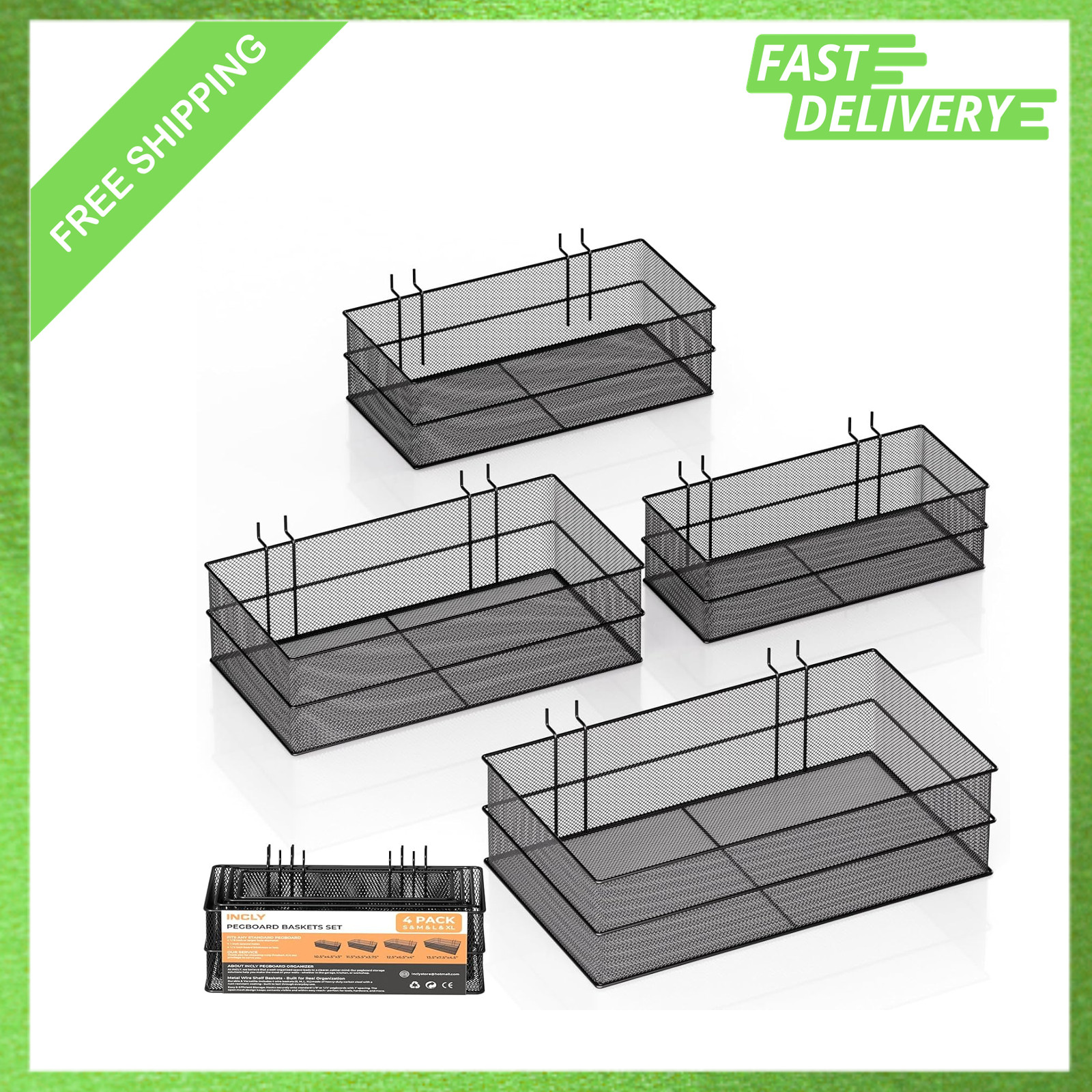 Pegboard Baskets Set, Metal Mesh Organizer Bins, 4 Sizes, Steel, Garage Office