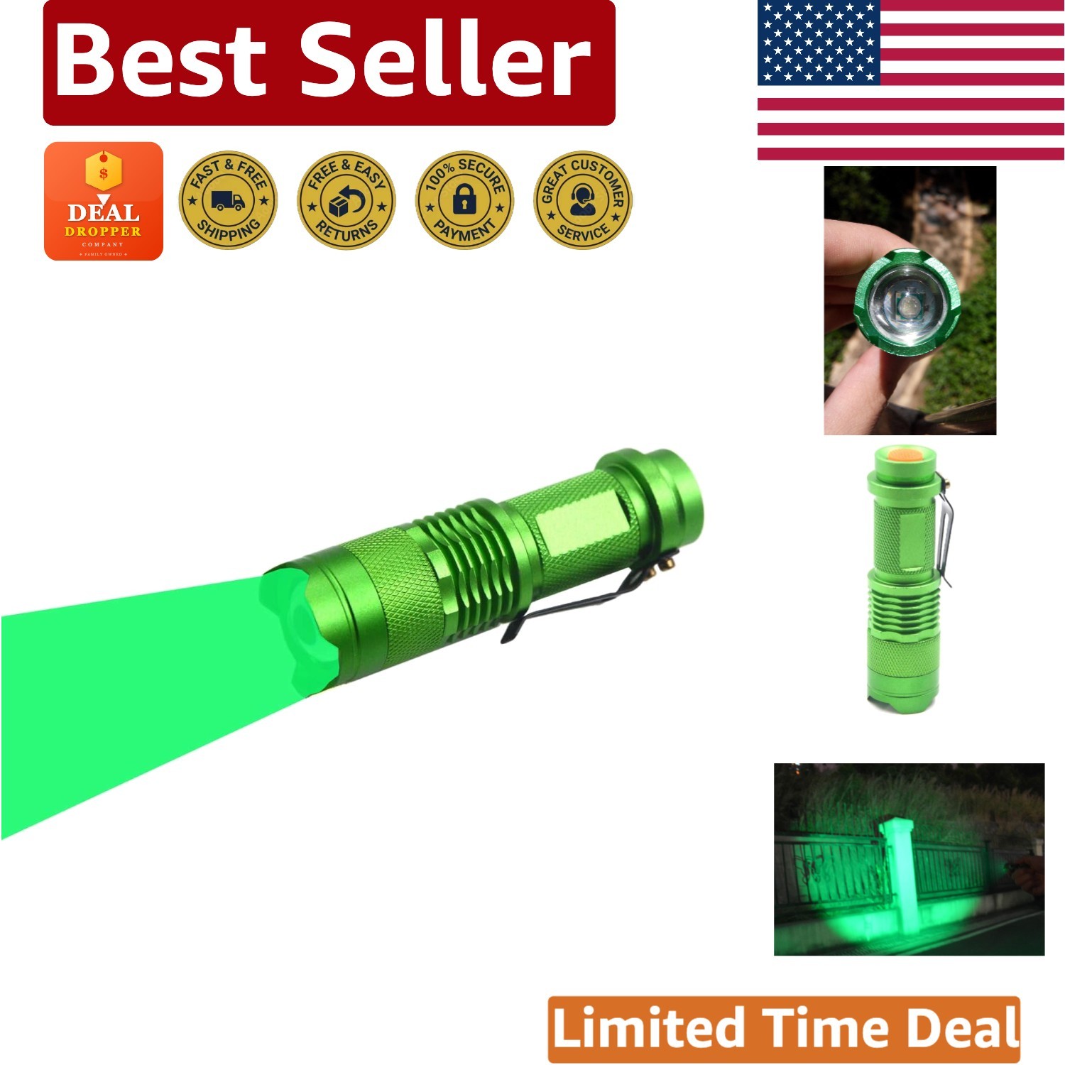 Compact 150 Yard Green Flashlight with 3 Modes – Ideal for Outdoor Adventures