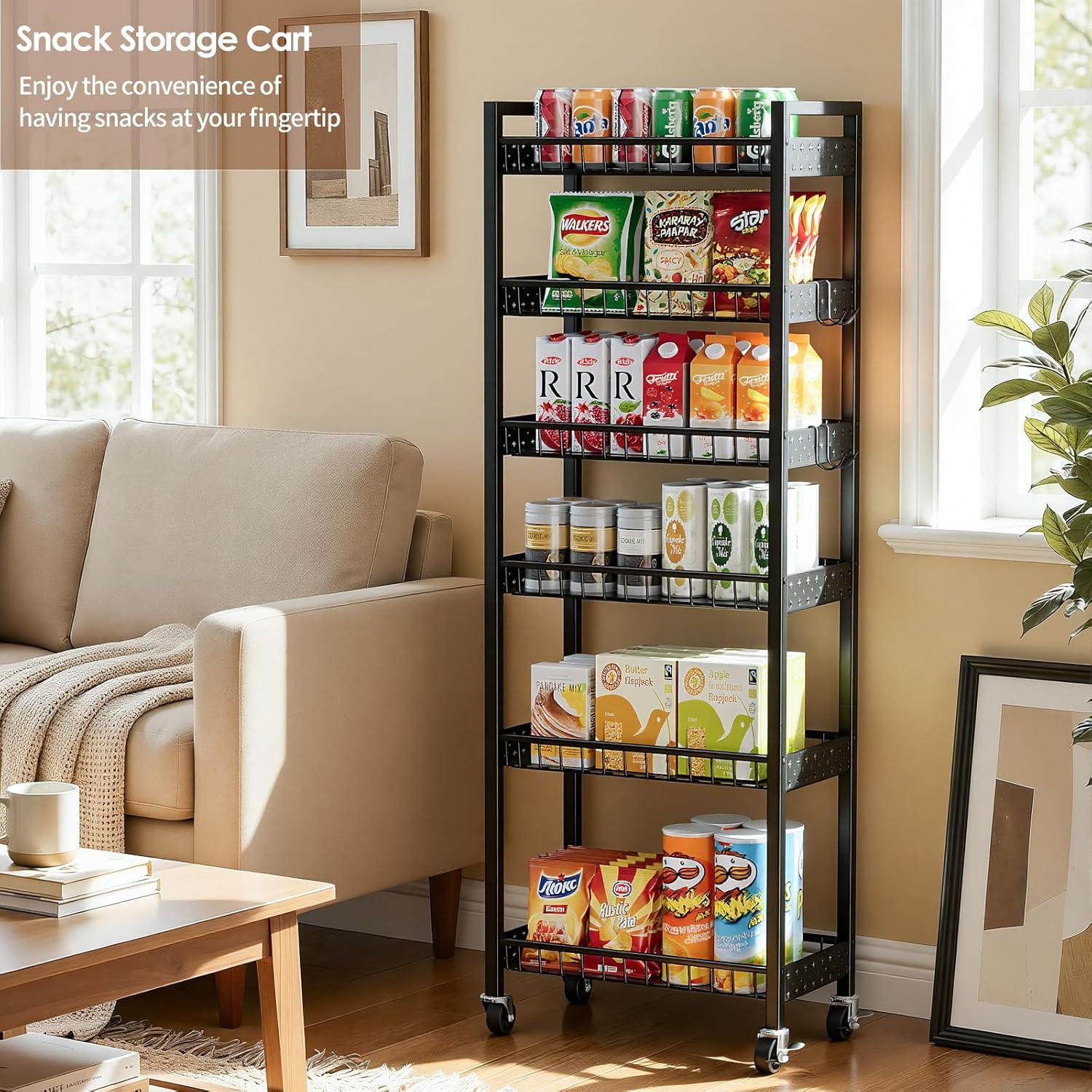 6 Tier Slim Storage Cart, Narrow Rolling Cart with Wheels, Narrow Mobile Utility
