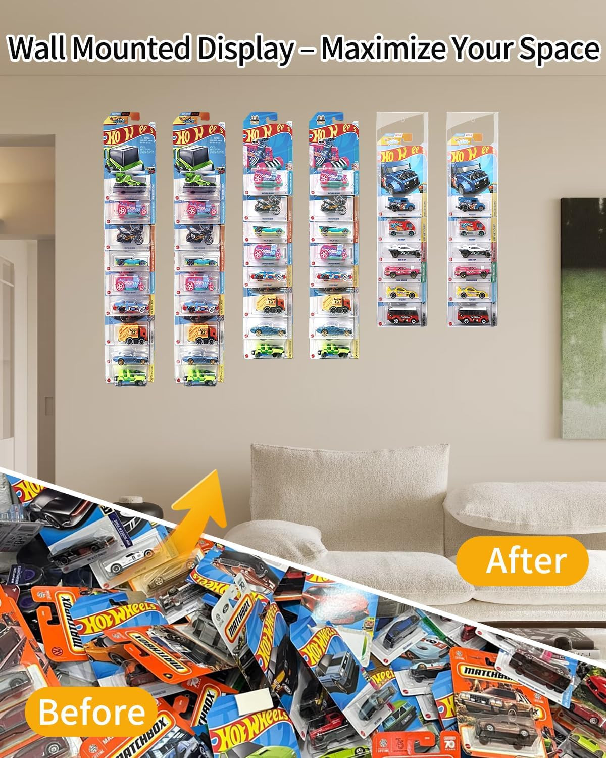 Display Case for Hot Wheels Matchbox, 5-Pack Wall Mount Storage, Holds 30-50 Car