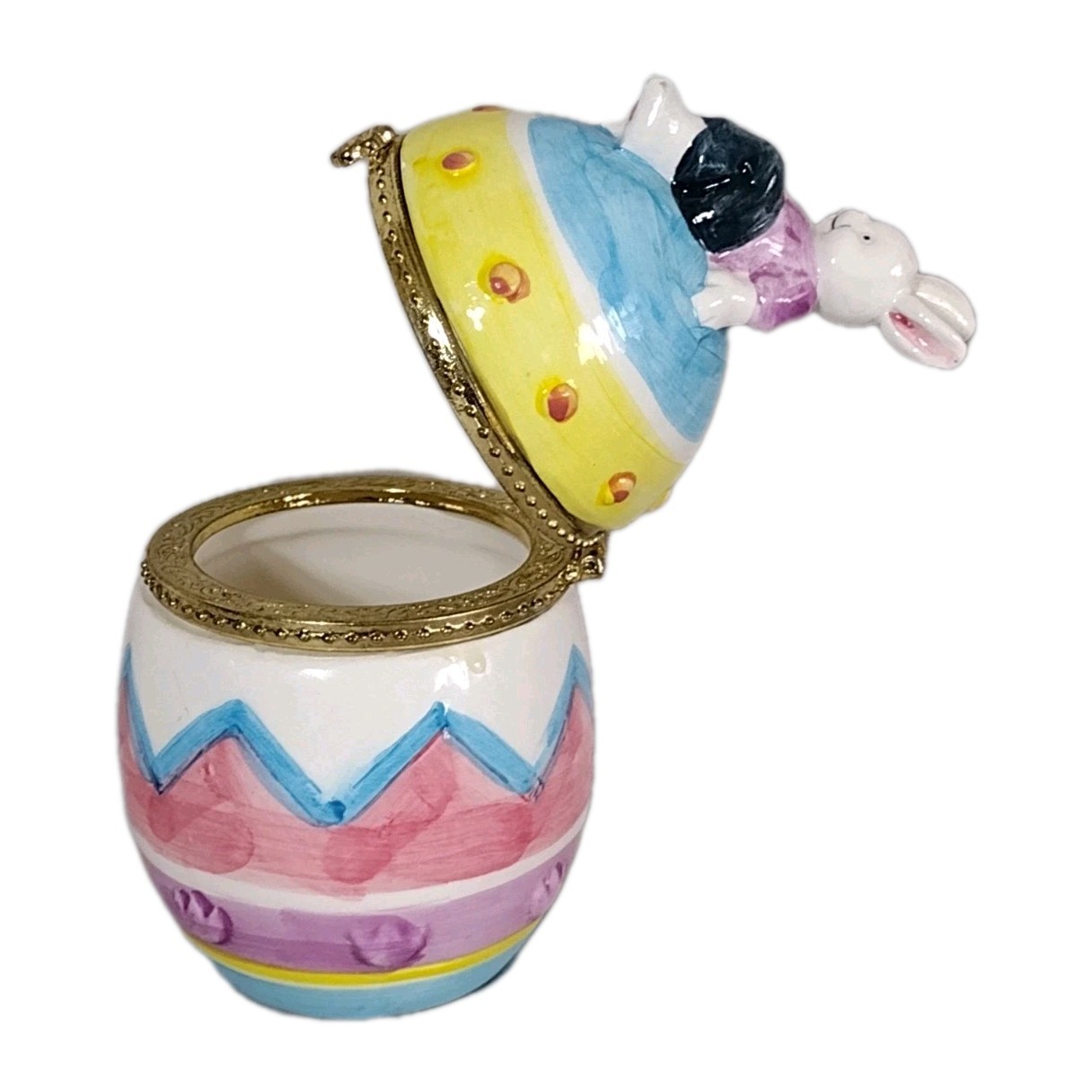 Beautiful Easter Egg Trinket Box 6.5 In X4" Wide 12 Oz Multicolored Easter Bunny
