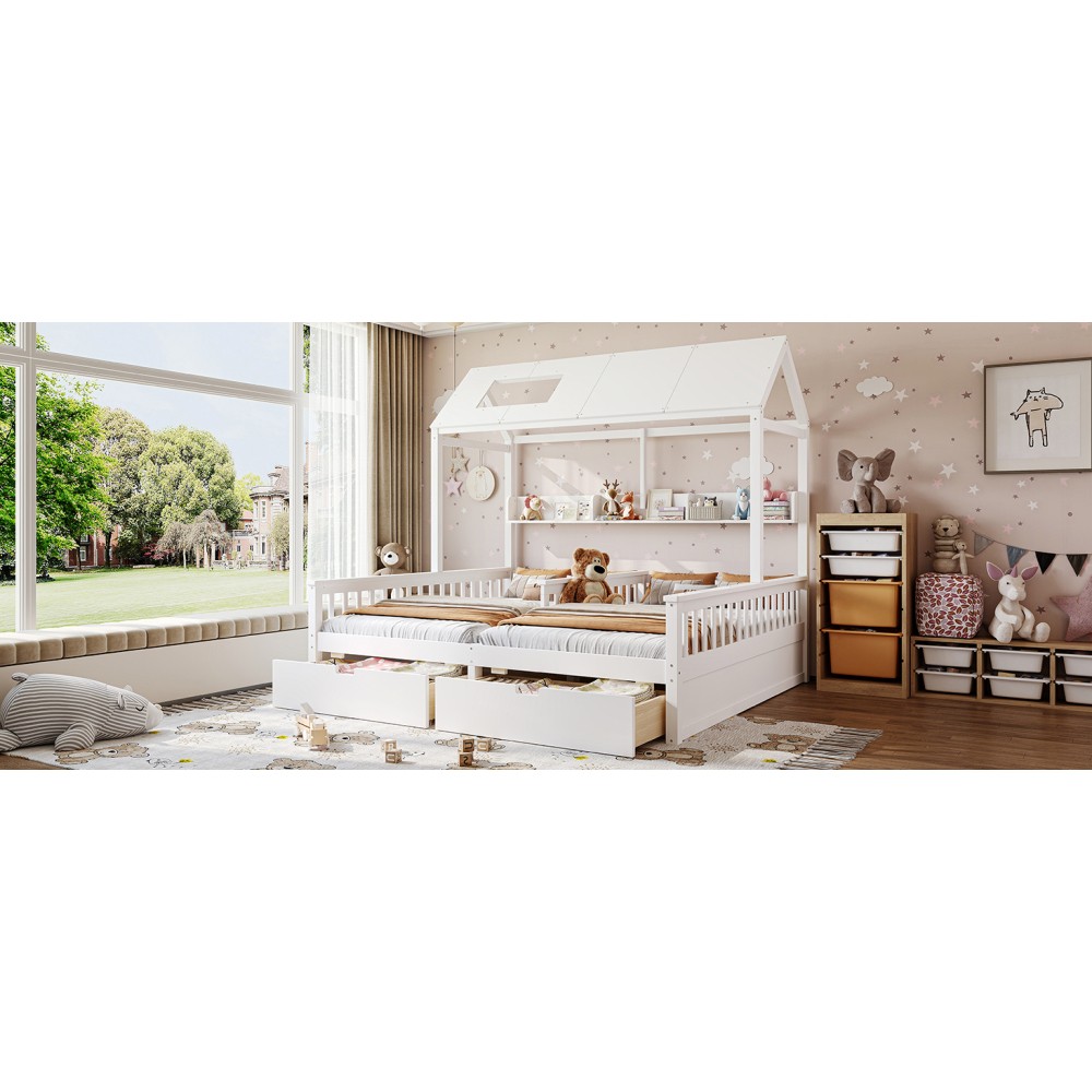 White Double Twin Platform Bed w/ Storage Shelves & Drawers