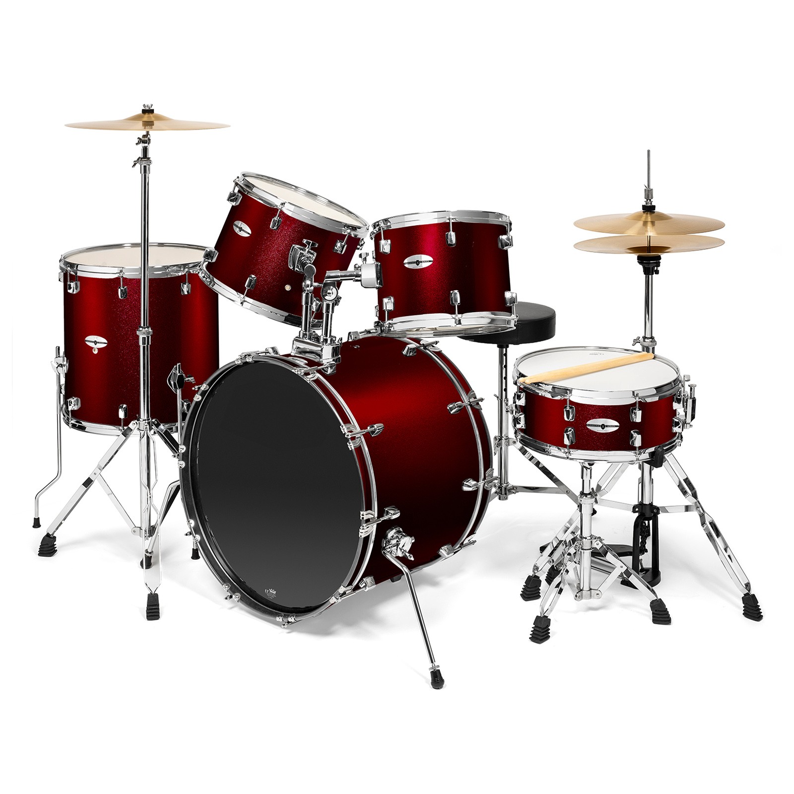 Full Size Pro Adult 5-Piece Drum Set Kit - Remo Heads, Brass Cymbals - Red