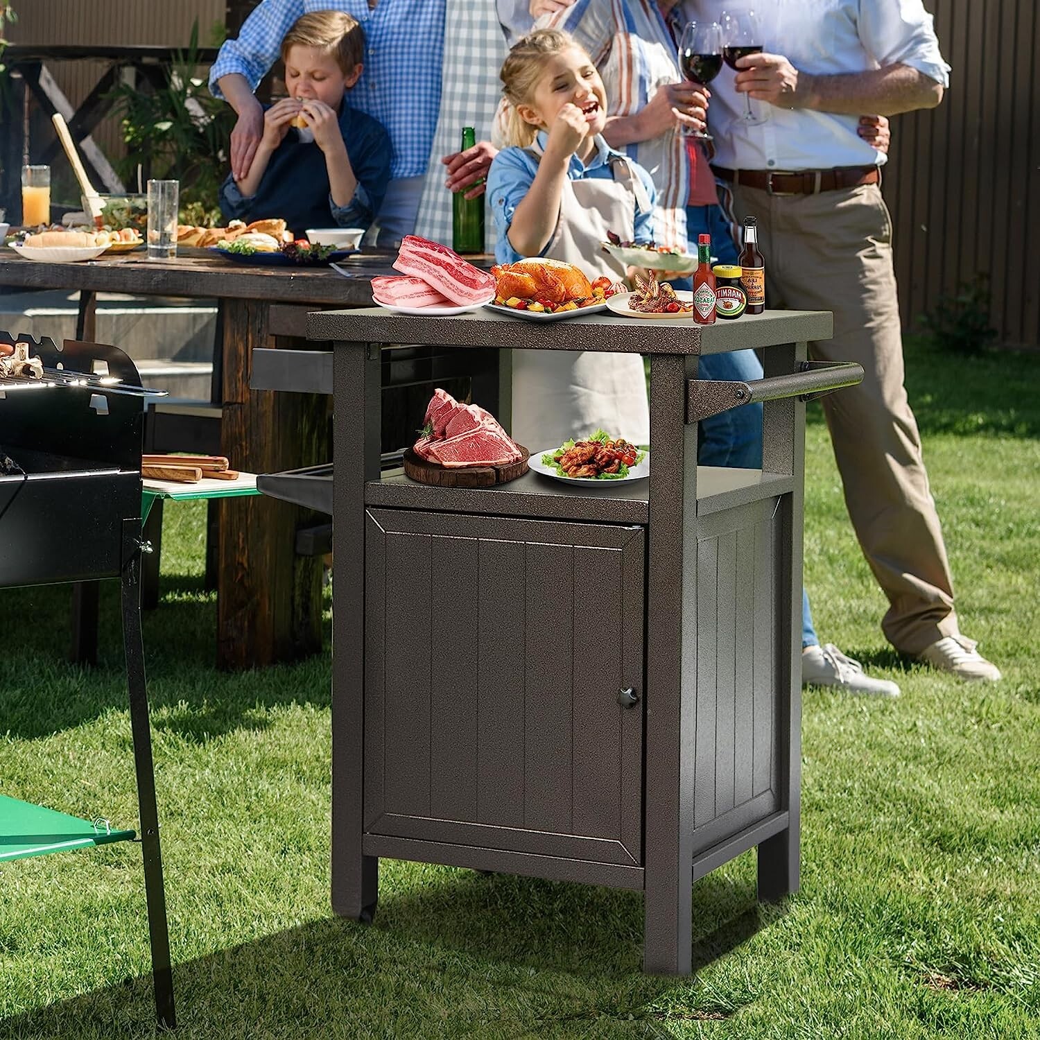 Domi Outdoor Grill Carts w/Wheels,Metal Table and Storage Cabinet for BBQ(Brown)