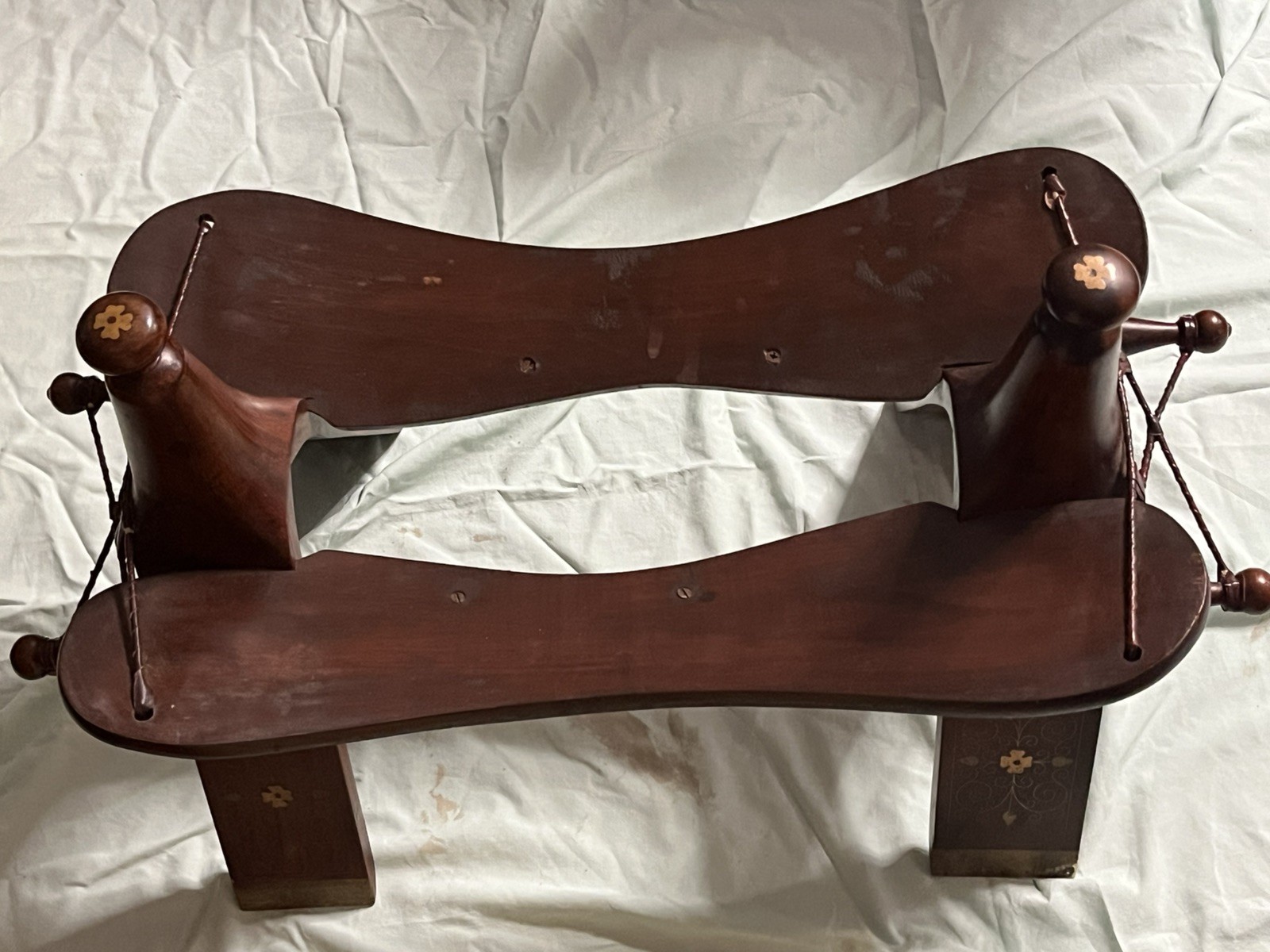 Moroccan Tuareg Brass Inlaid Wooden Camel Stool/ Bench Saddle Ottoman 1950s