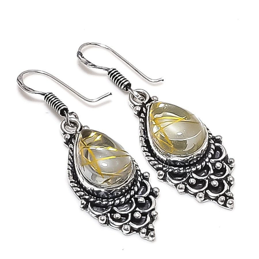 Rutilated Quartz Gemstone Handmade 925 Sterling Silver Jewelry Earring Size 1.7"